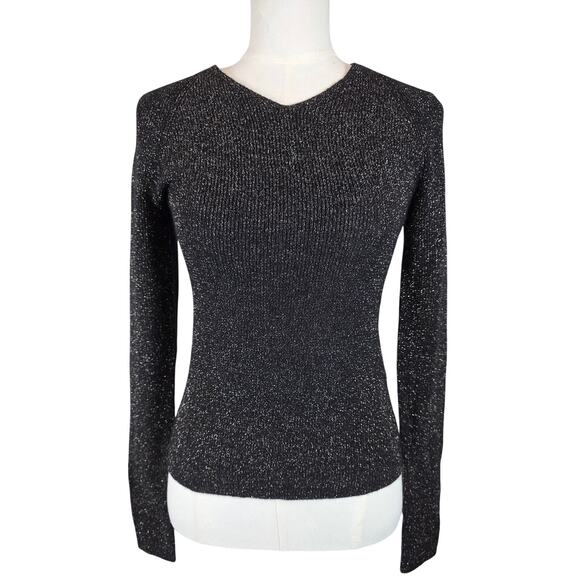 Vince Sweaters - VINCE Black V-Neck Ribbed Sweater w/Metallic Shimmer Thread